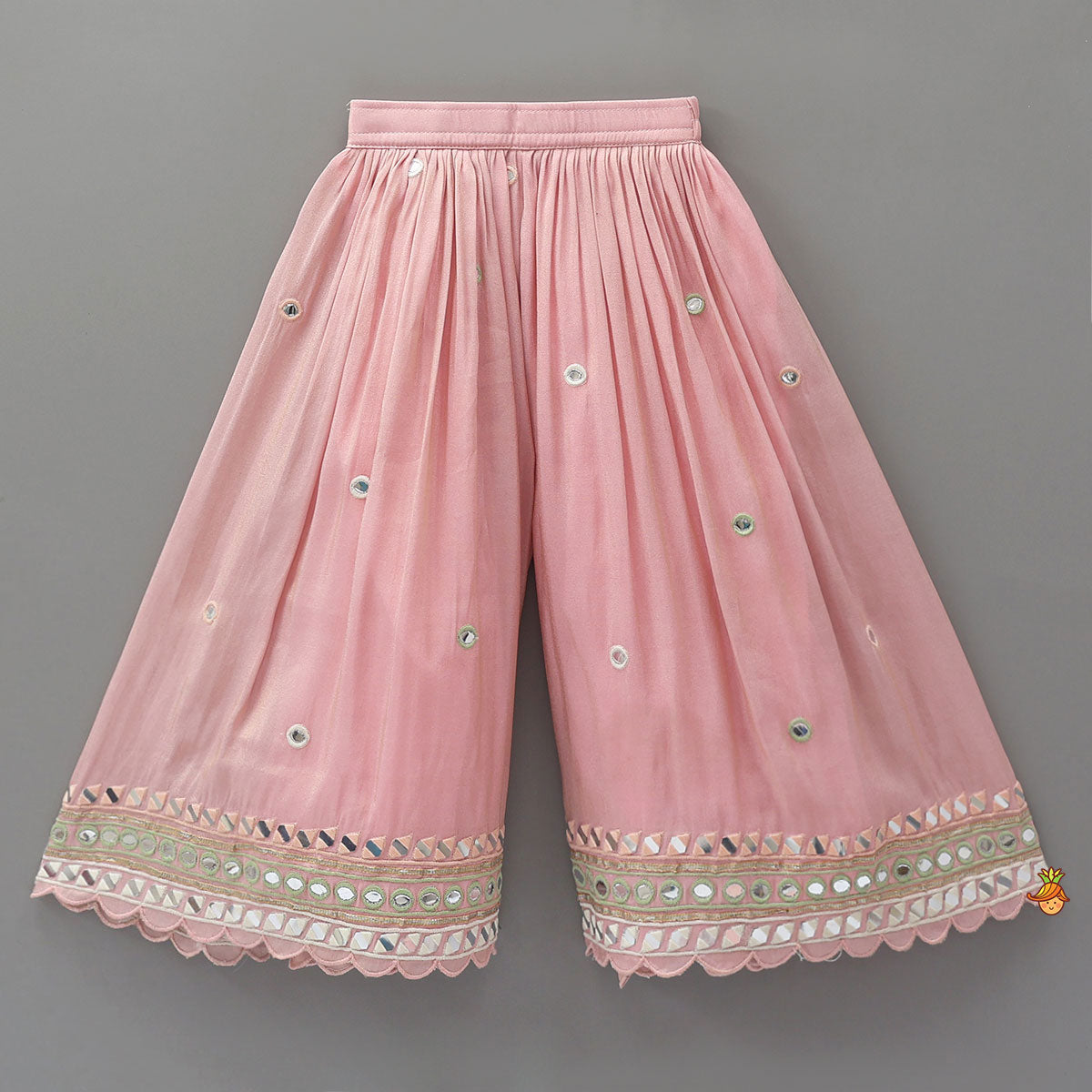 Pre Order: Faux Mirror Work Shimmery Crop Top And Matching Palazzo With Dupatta