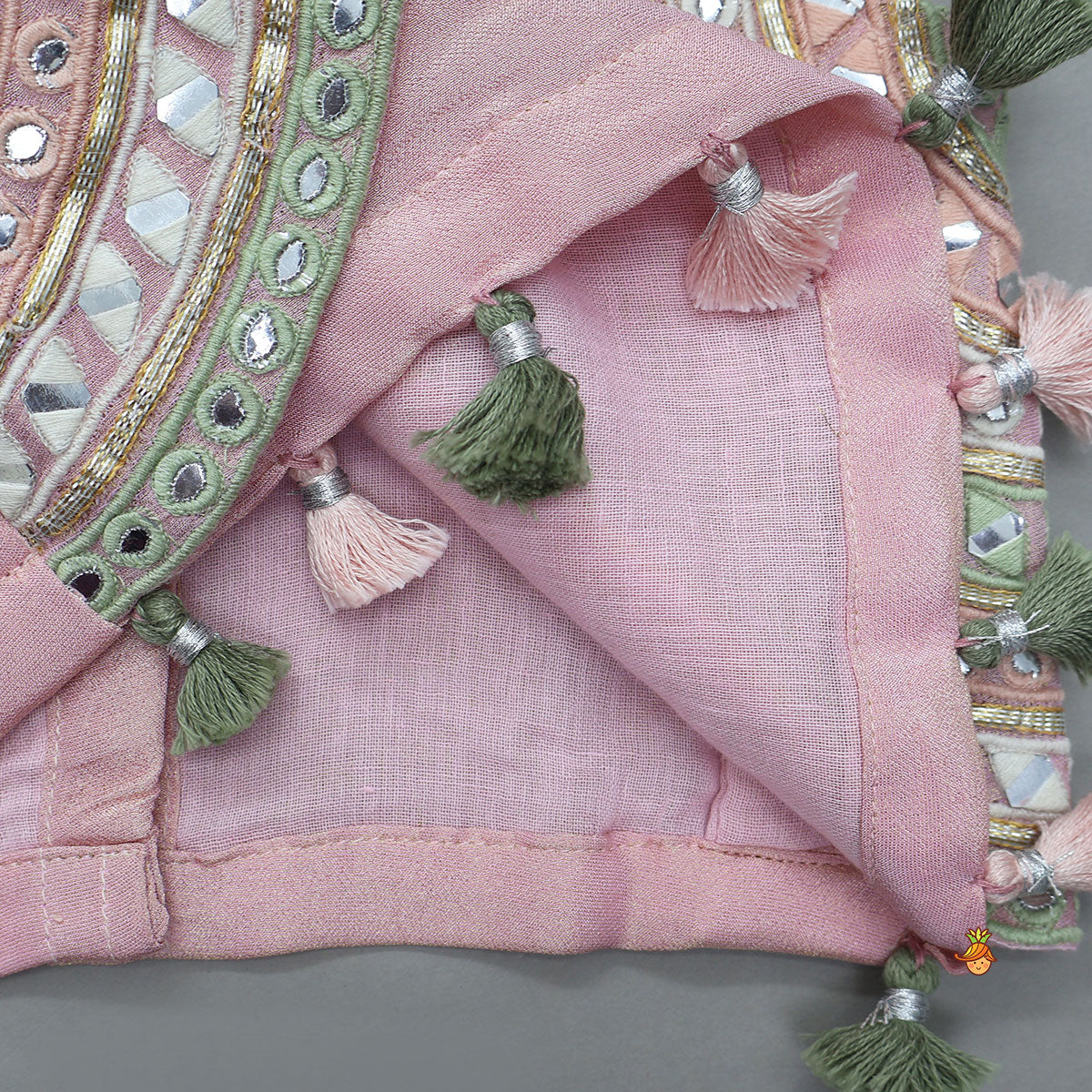 Pre Order: Faux Mirror Work Shimmery Crop Top And Matching Palazzo With Dupatta