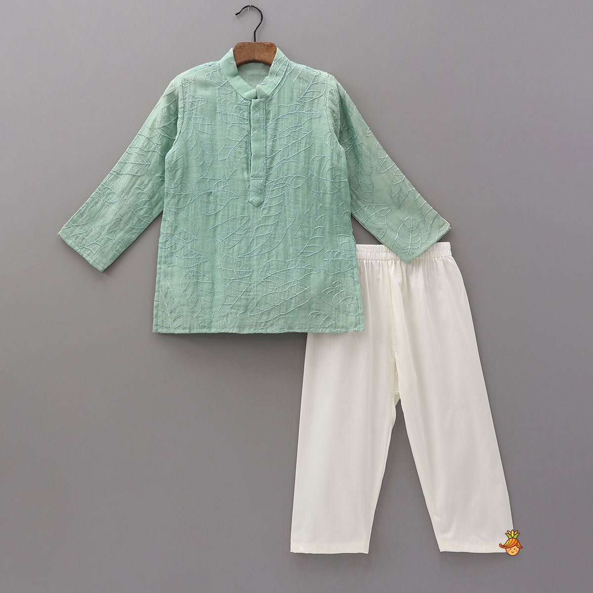 Pre Order: Leaf Motif Embroidered Kurta With Jacket And Pyjama
