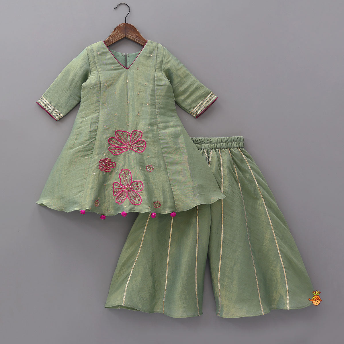 Pre Order: Floral Embroidered A-line Shimmery Kurti And Palazzo
