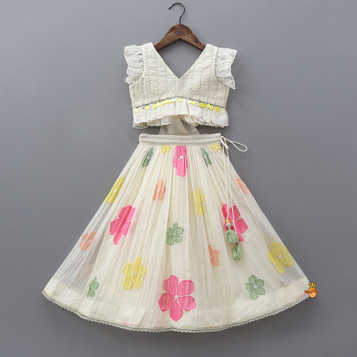 Pre Order: Soft Mul Chanderi Ruffle Crop Top And Lehenga