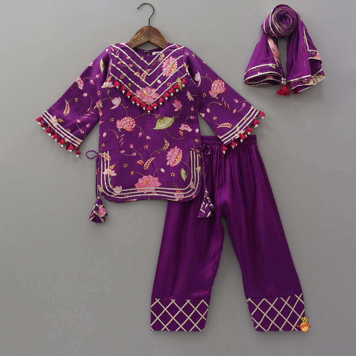 Pre Order: Fringe Detail Kurti With Farshi Salwar And Dupatta