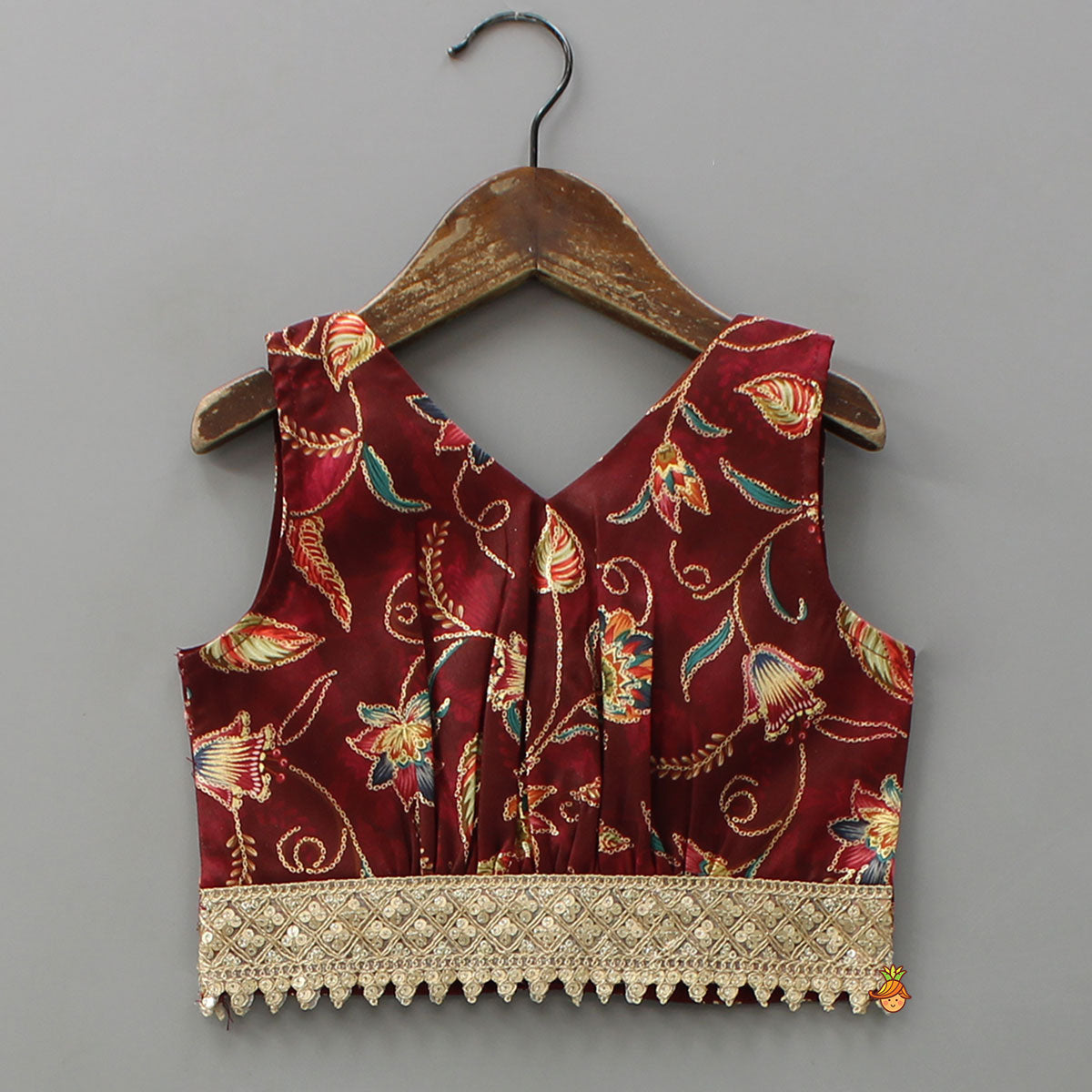 V Neck Printed Top And Lehenga With Ruffle Net Dupatta