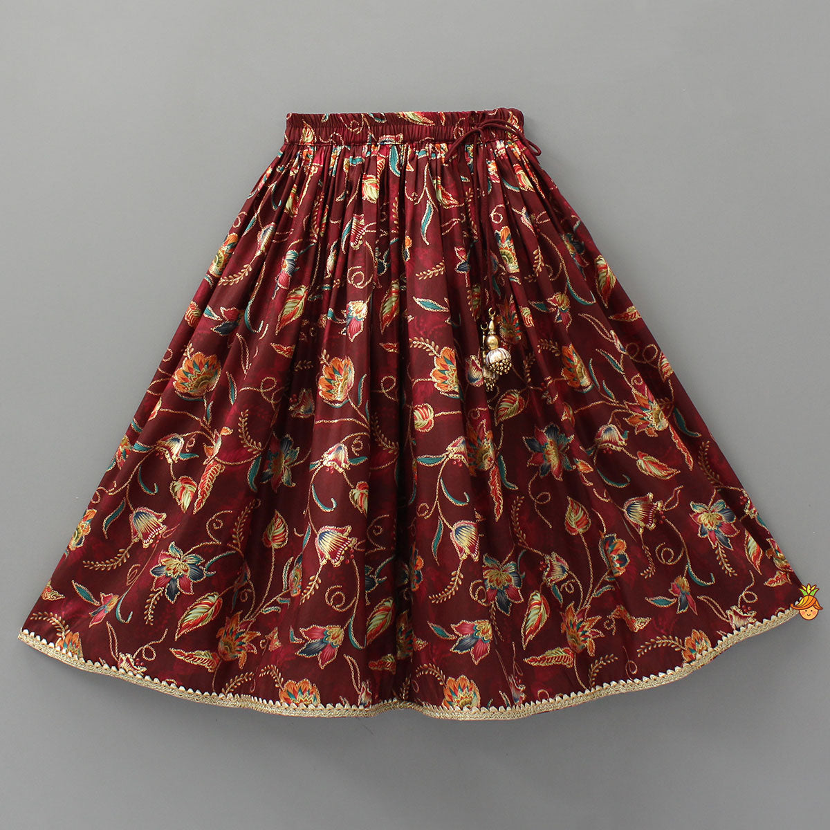 V Neck Printed Top And Lehenga With Ruffle Net Dupatta