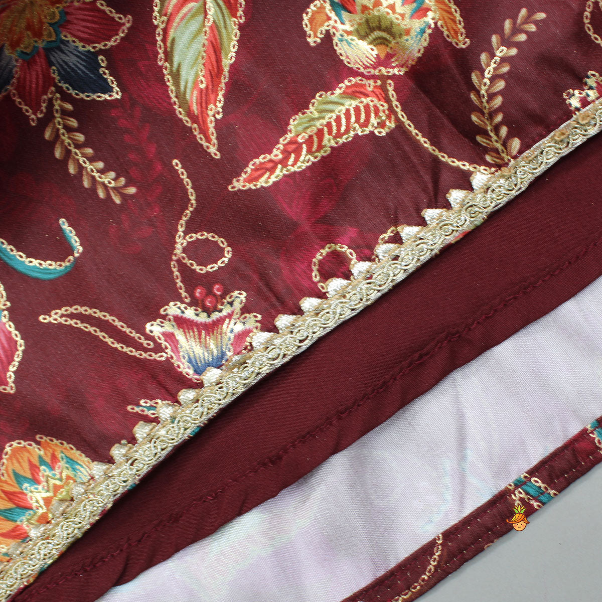 V Neck Printed Top And Lehenga With Ruffle Net Dupatta