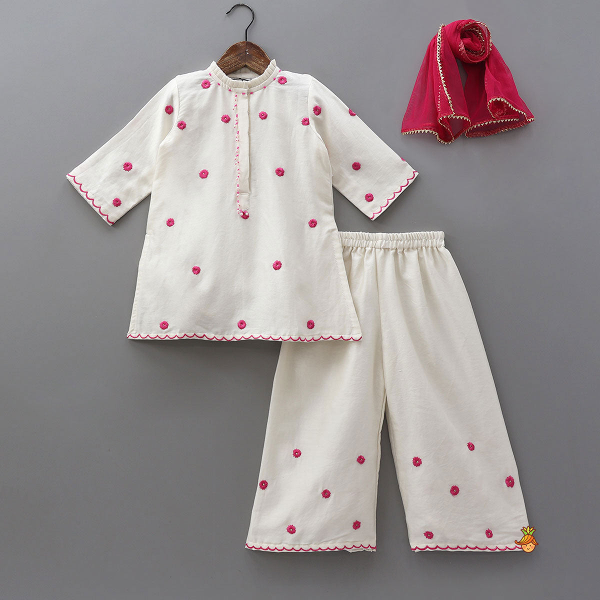 Pre Order: Pleated Neckline Kurti And Palazzo With Contrasting Dupatta