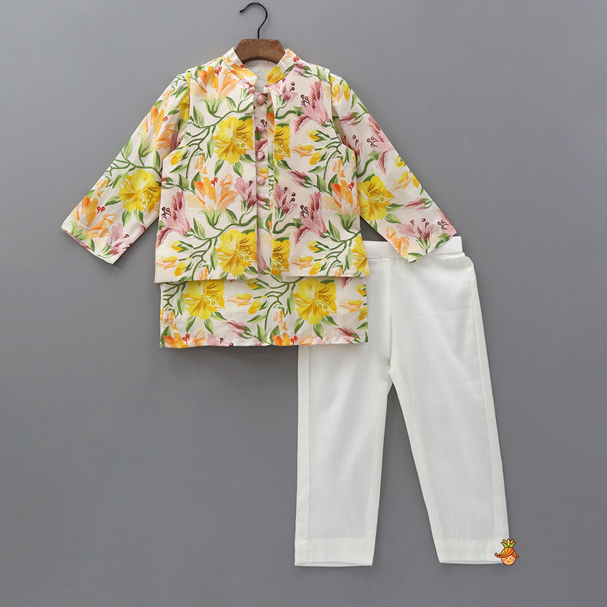 Pre Order: Floral Blossom Kurta With Jacket And Pyjama