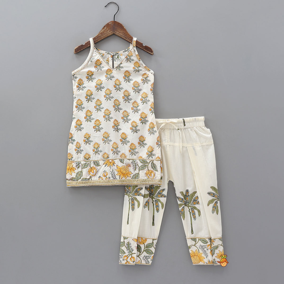 Floral Printed Cotton Kurti And Pant With Lurex Striped Matching Dupatta