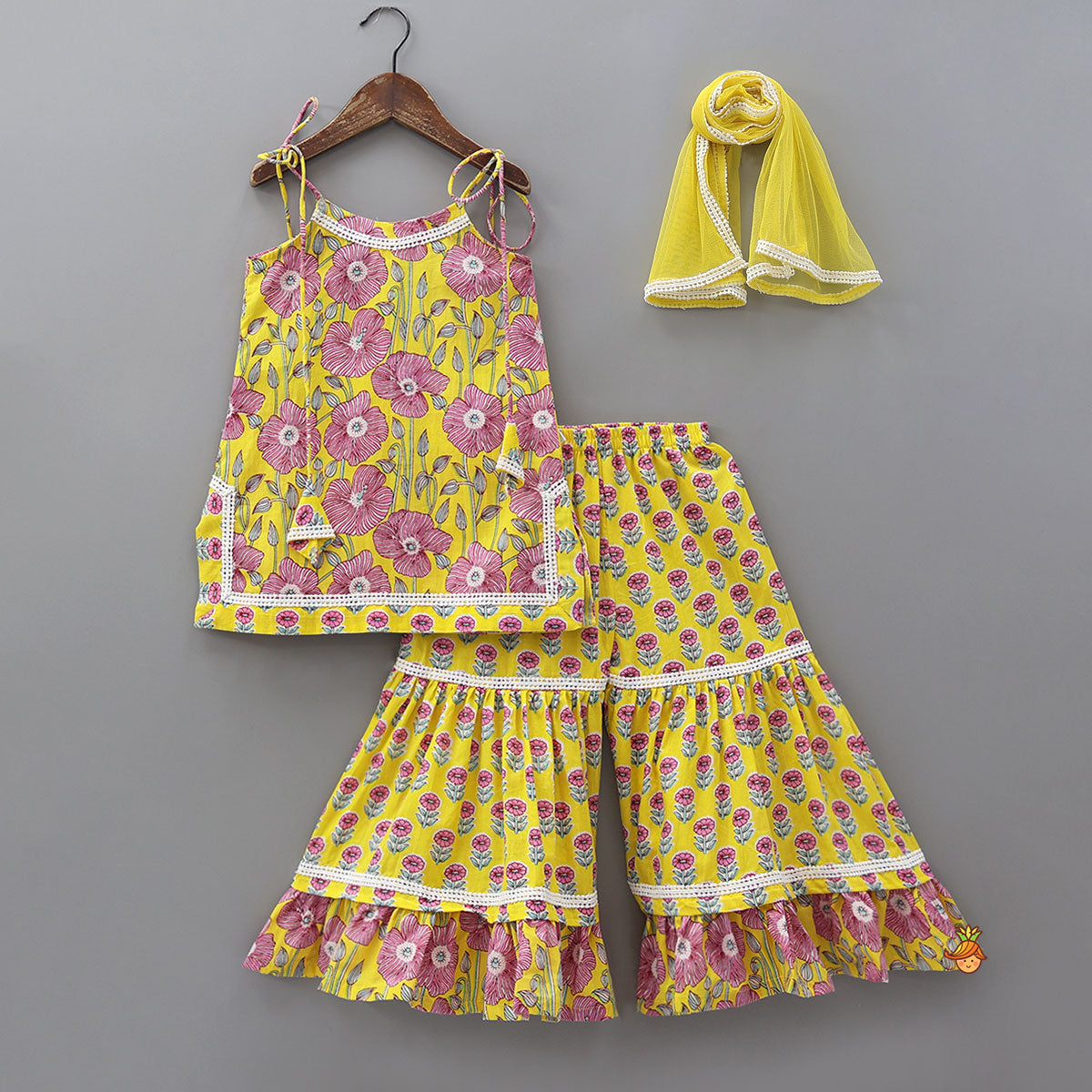 Pre Order: Strappy Floral Cotton Kurti With Sharara And Matching Dupatta