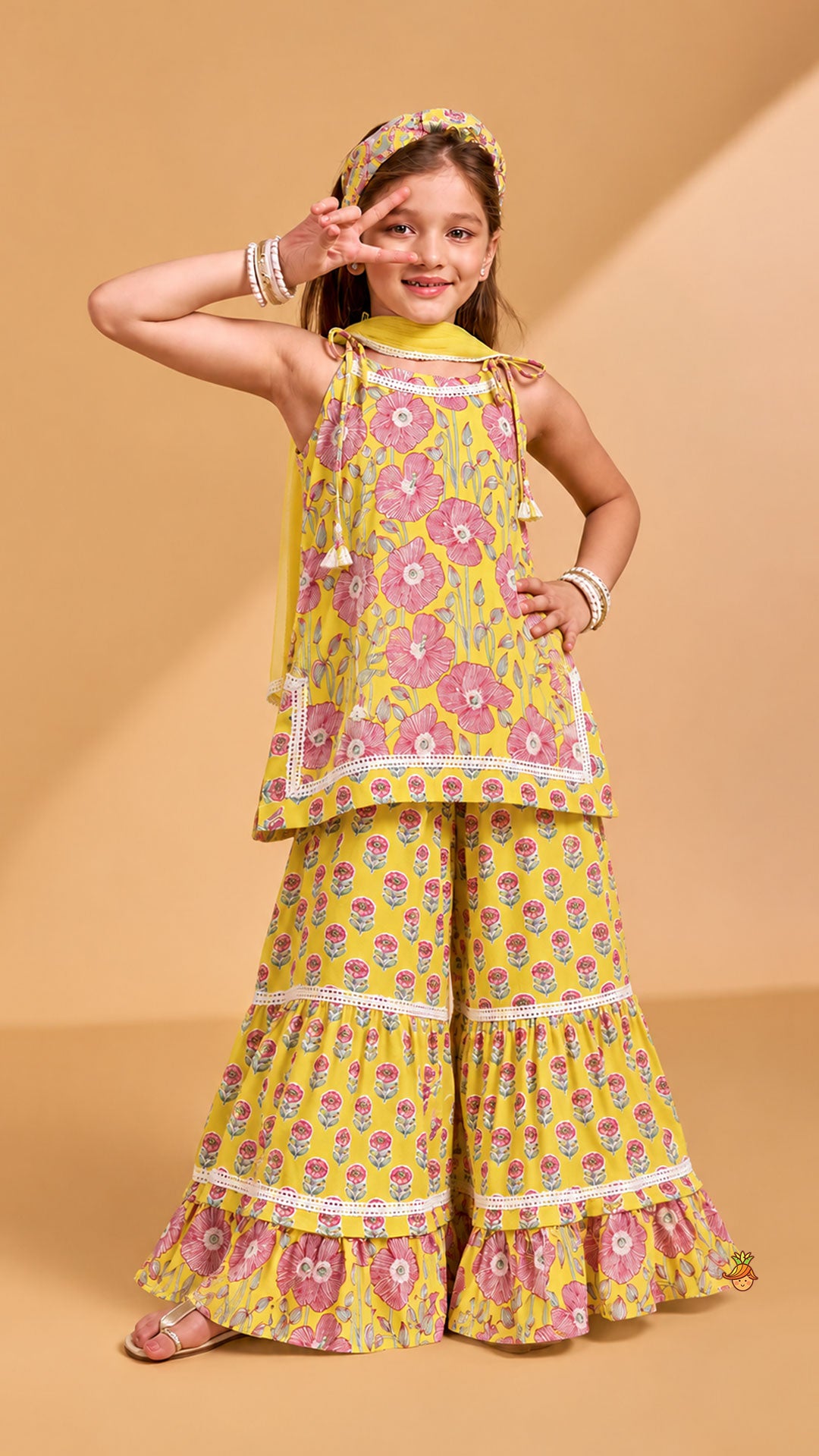 Pre Order: Strappy Floral Cotton Kurti With Sharara And Matching Dupatta
