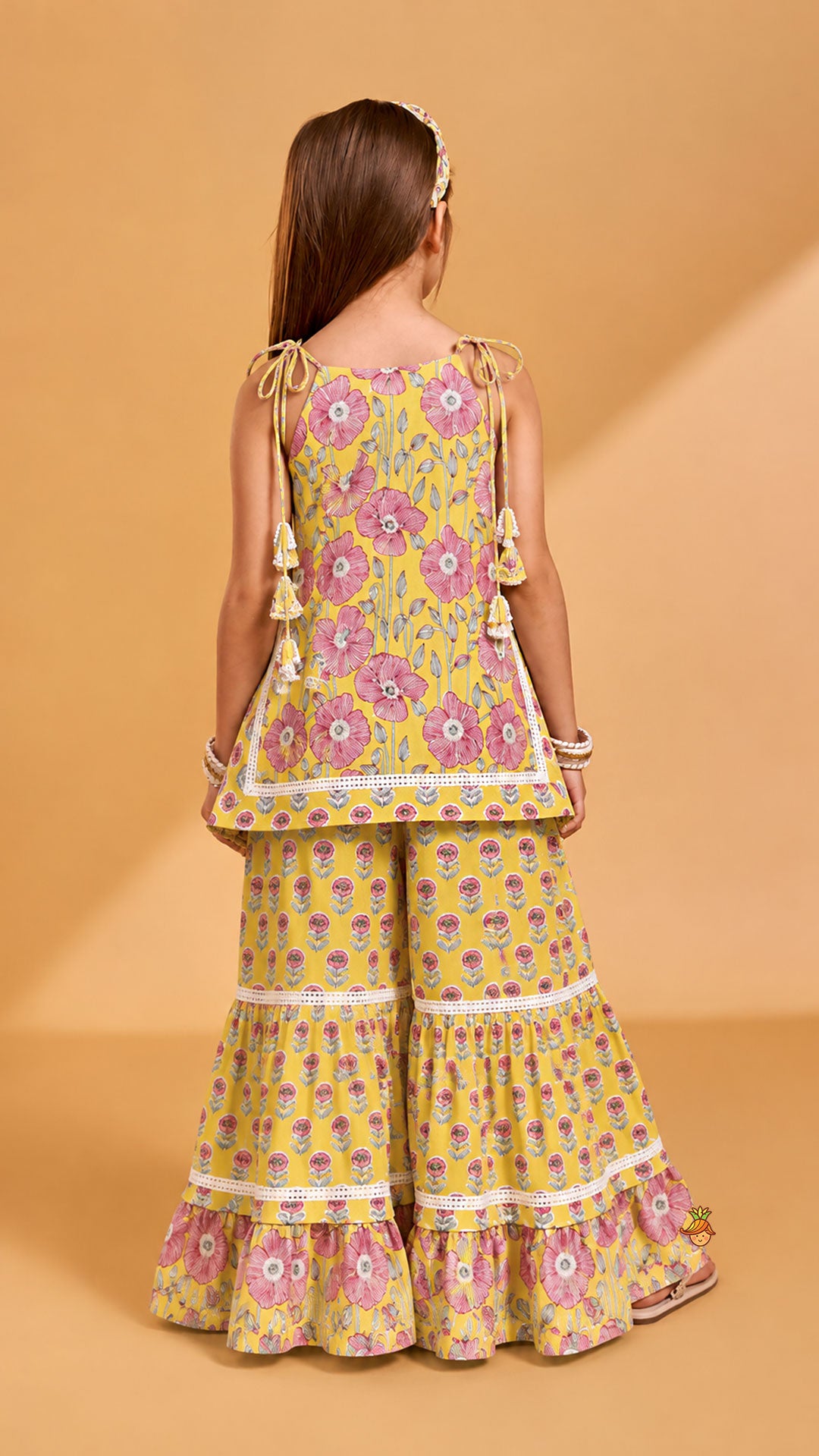 Pre Order: Strappy Floral Cotton Kurti With Sharara And Matching Dupatta