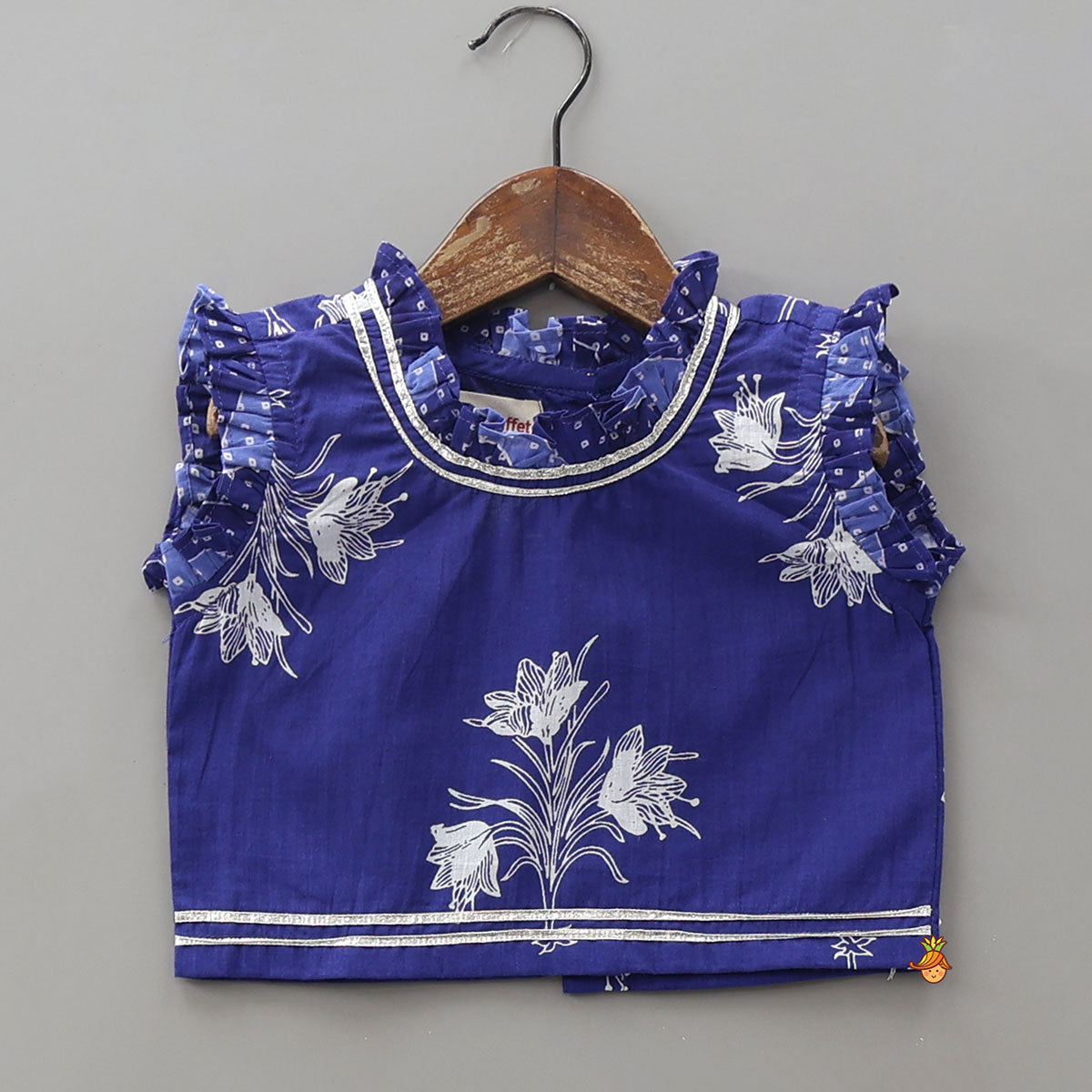 Pre Order: Ruffle Neck Crop Top And Leheriya Print Lehenga