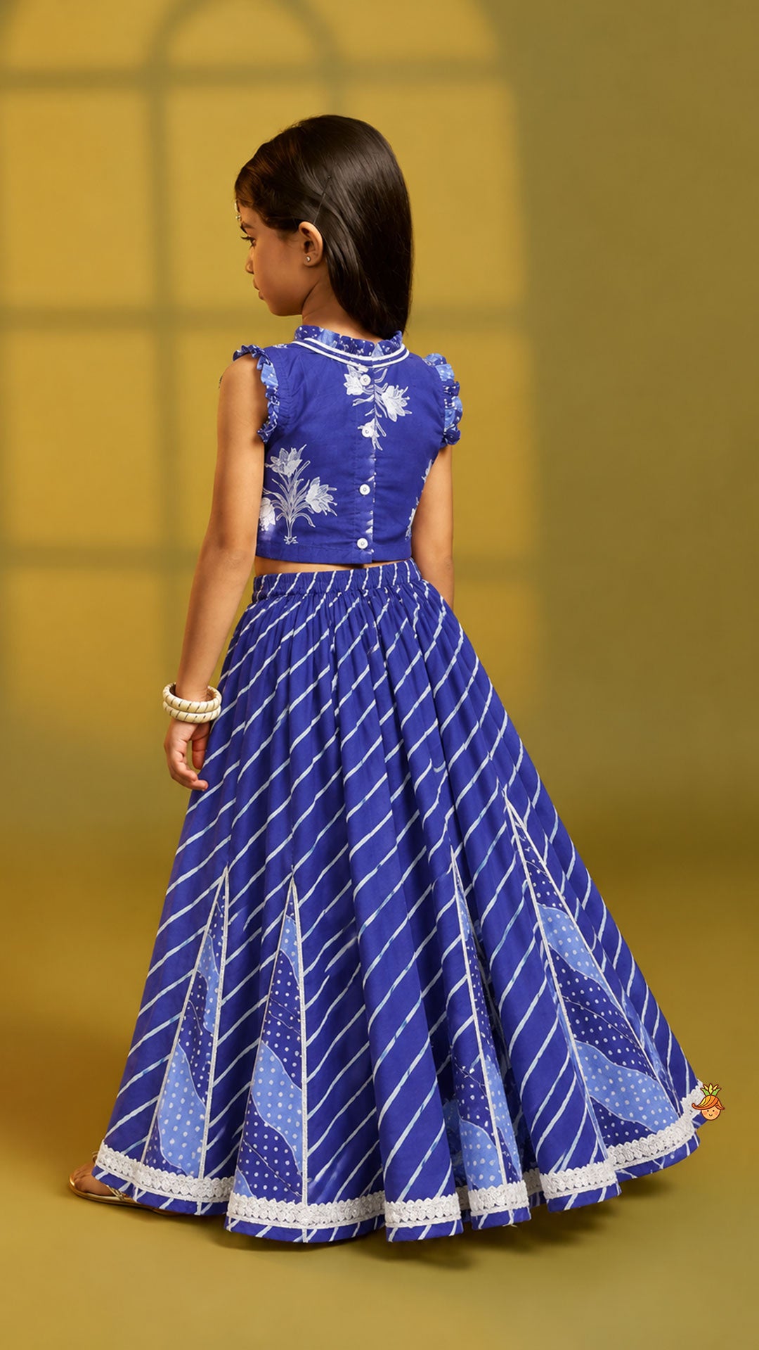 Pre Order: Ruffle Neck Crop Top And Leheriya Print Lehenga