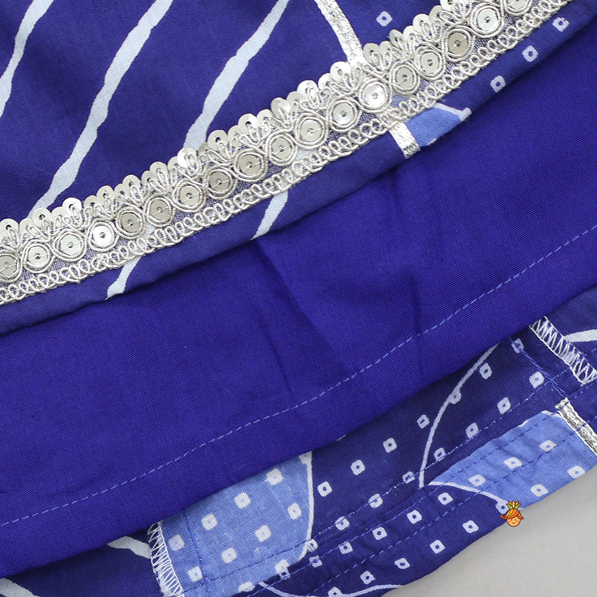 Pre Order: Ruffle Neck Crop Top And Leheriya Print Lehenga