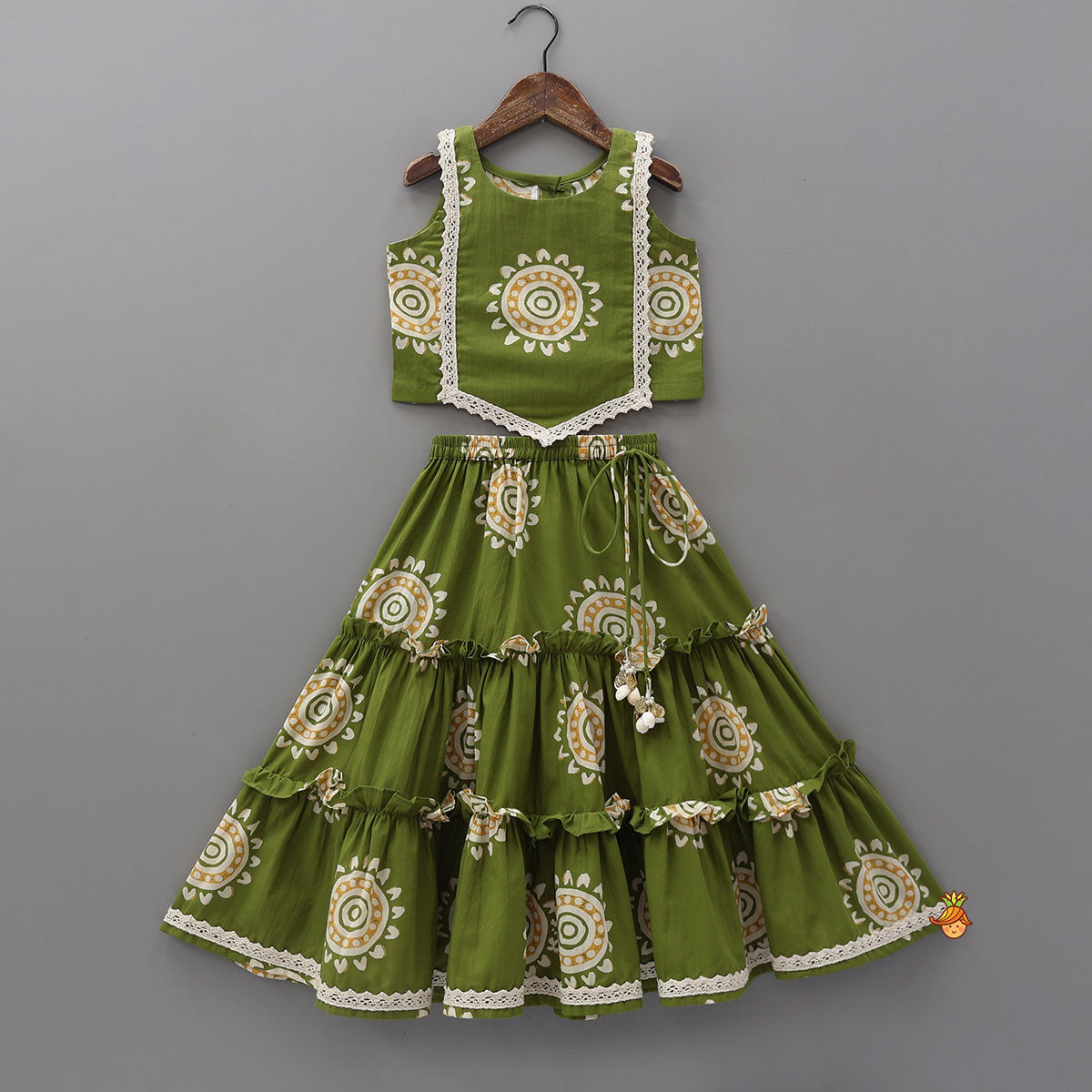 Pre Order: Stylish Hem Printed Crop Top With Tiered Lehenga