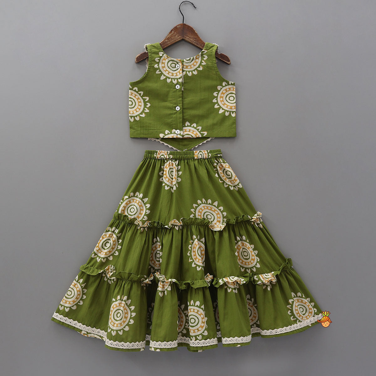 Pre Order: Stylish Hem Printed Crop Top With Tiered Lehenga