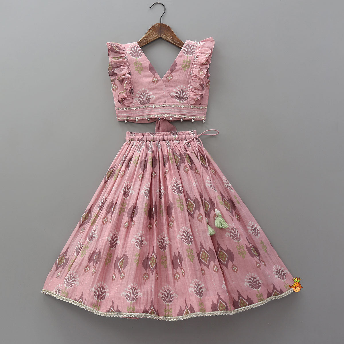 Pre Order: Printed Mul Chanderi Ruffle Crop Top And Lehenga