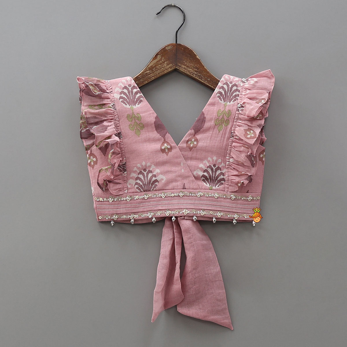 Pre Order: Printed Mul Chanderi Ruffle Crop Top And Lehenga