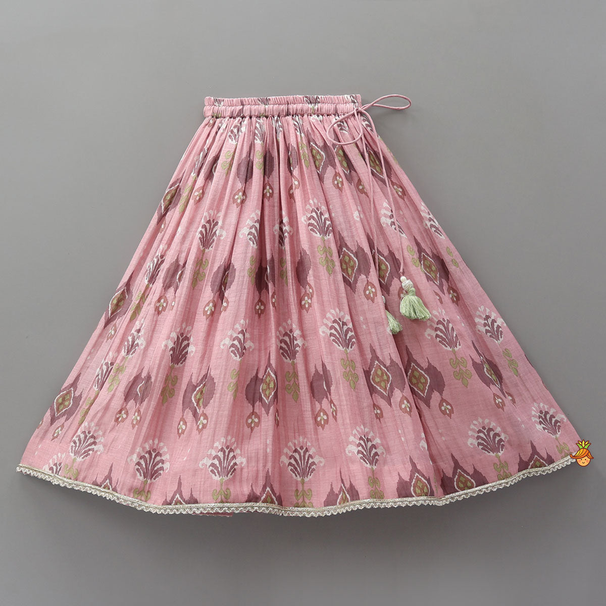 Pre Order: Printed Mul Chanderi Ruffle Crop Top And Lehenga