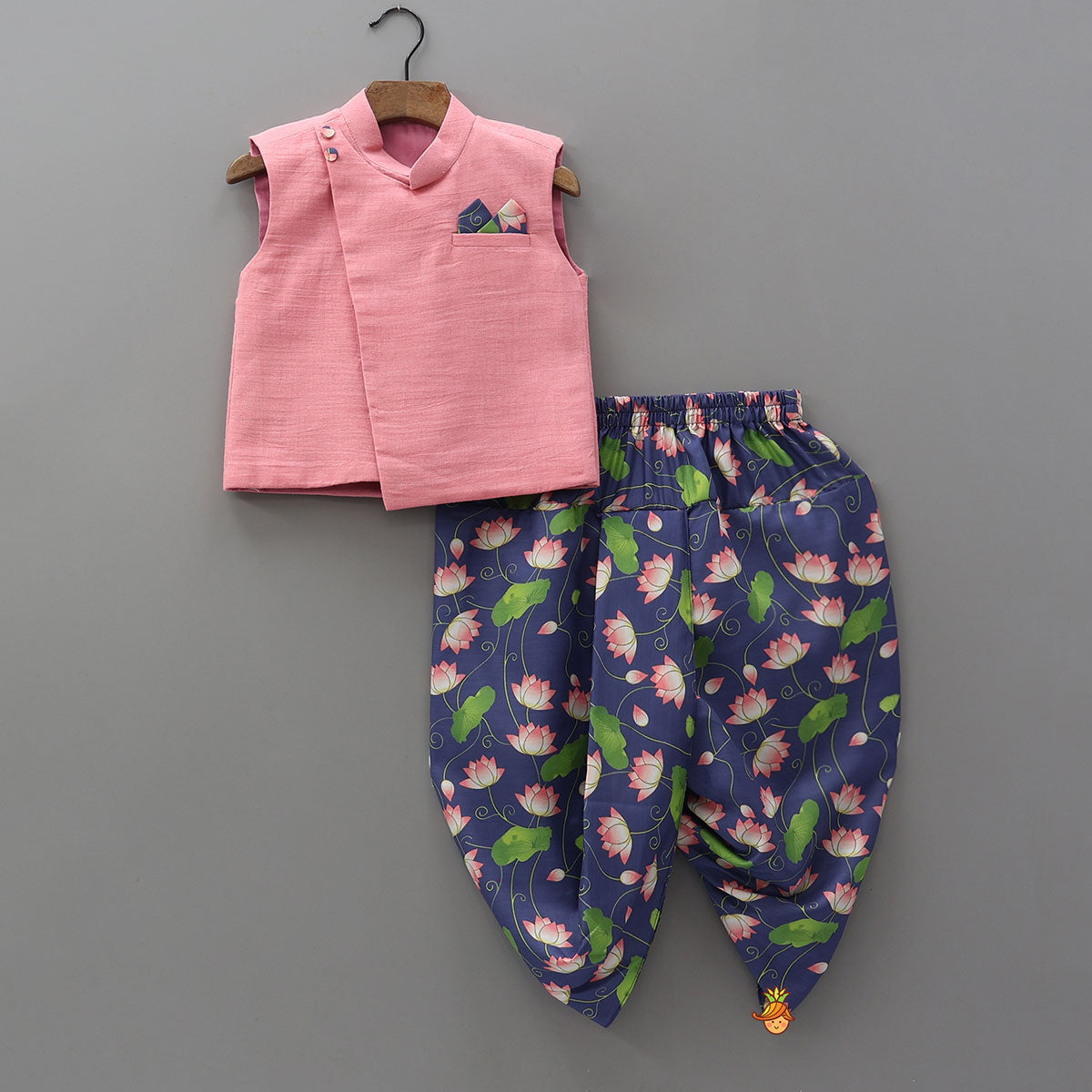 Sleeveless Overlap Jacket With Lotus Print Dhoti