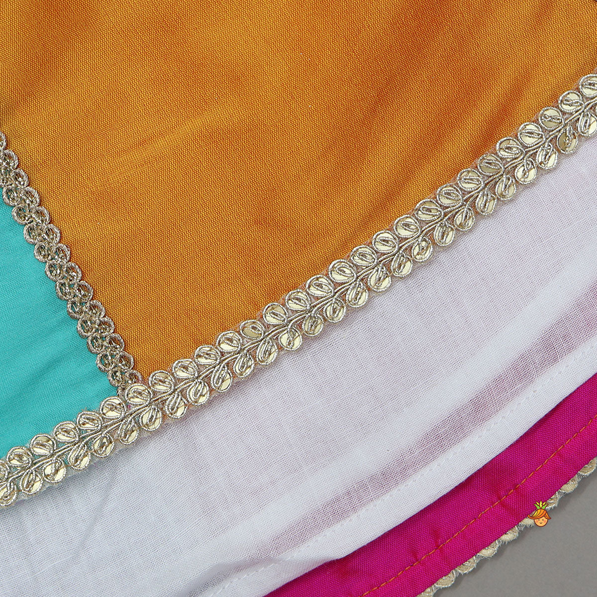 Pre Order: Lace Detailed Crop Top With Panelled Lehenga And Dupatta