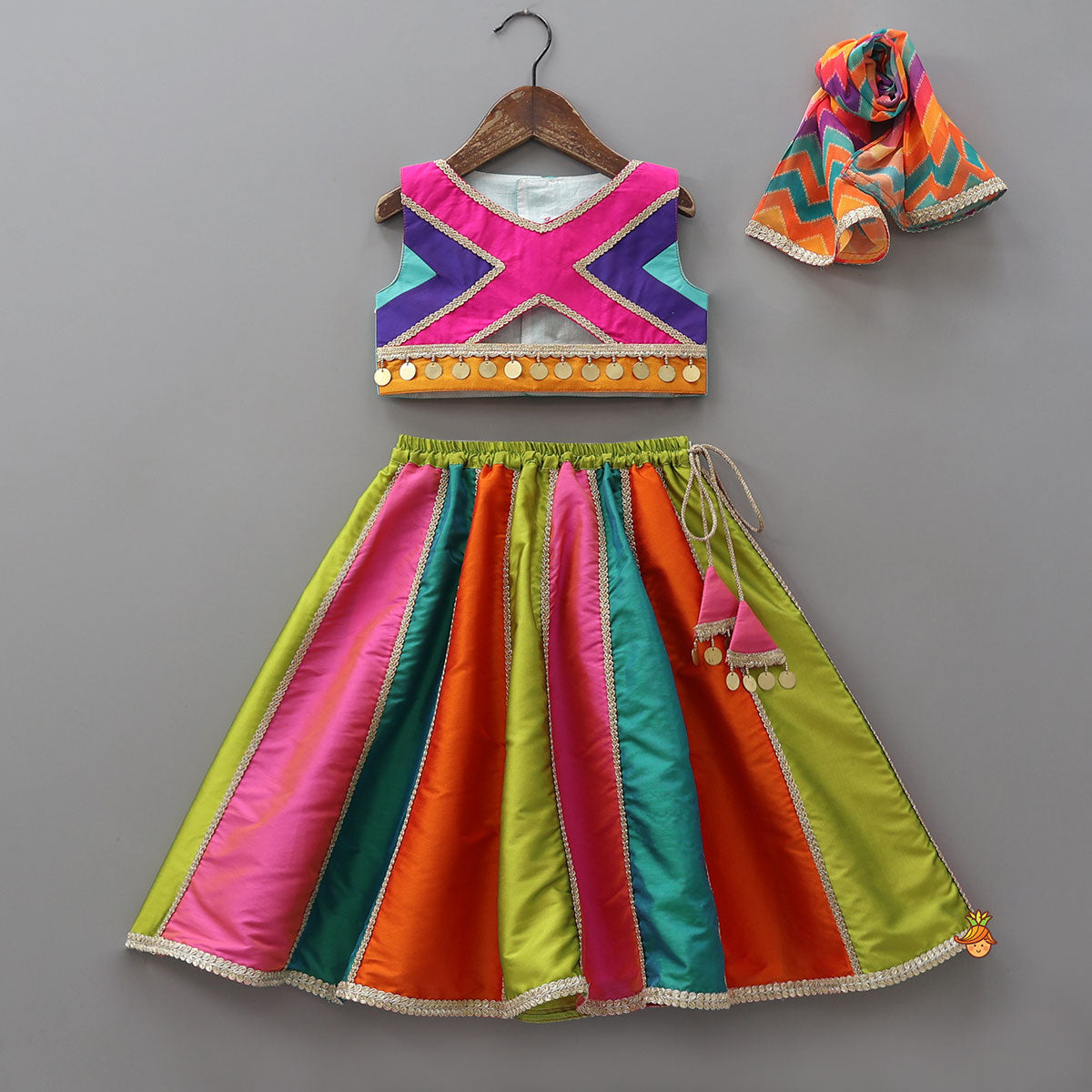 Pre Order: Embellished Crop Top With Panelled Lehenga And Dupatta