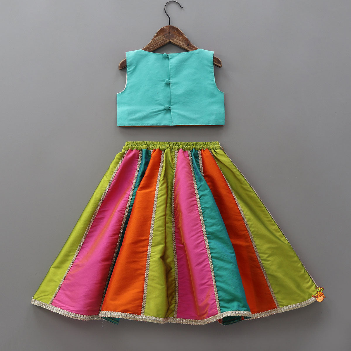 Pre Order: Embellished Crop Top With Panelled Lehenga And Dupatta