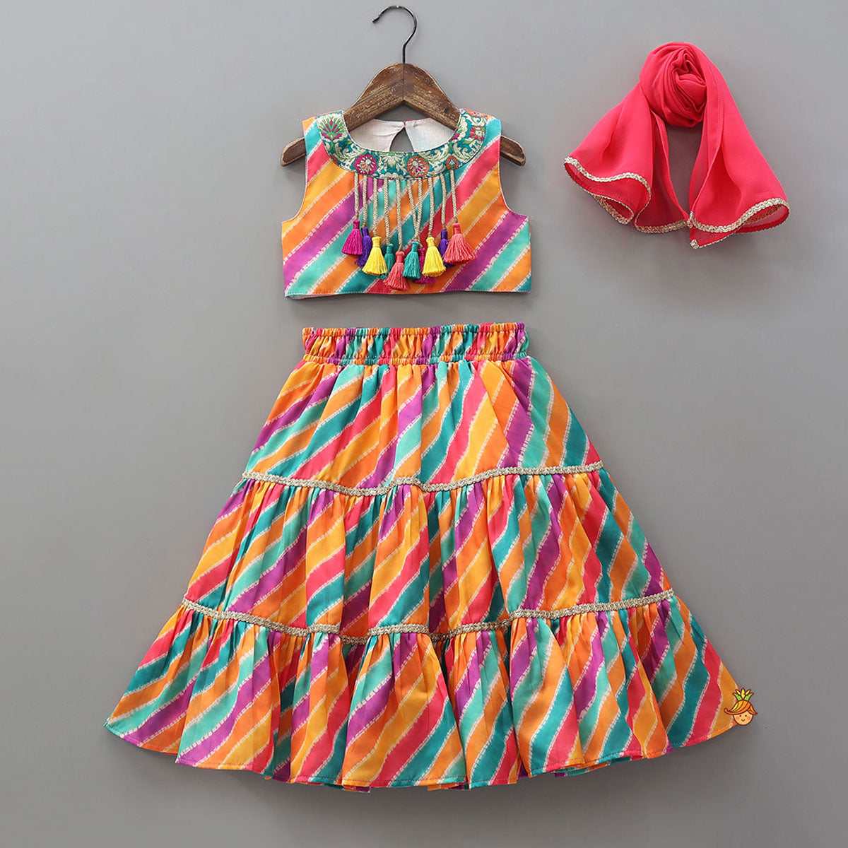 Pre Order: Printed Crop Top With Tiered Lehenga And Dupatta