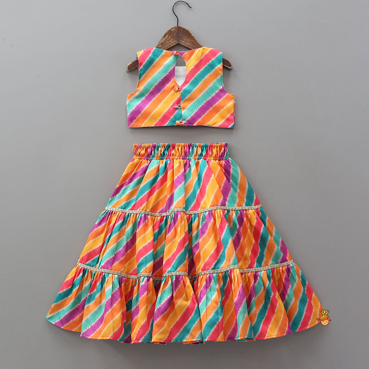 Pre Order: Printed Crop Top With Tiered Lehenga And Dupatta