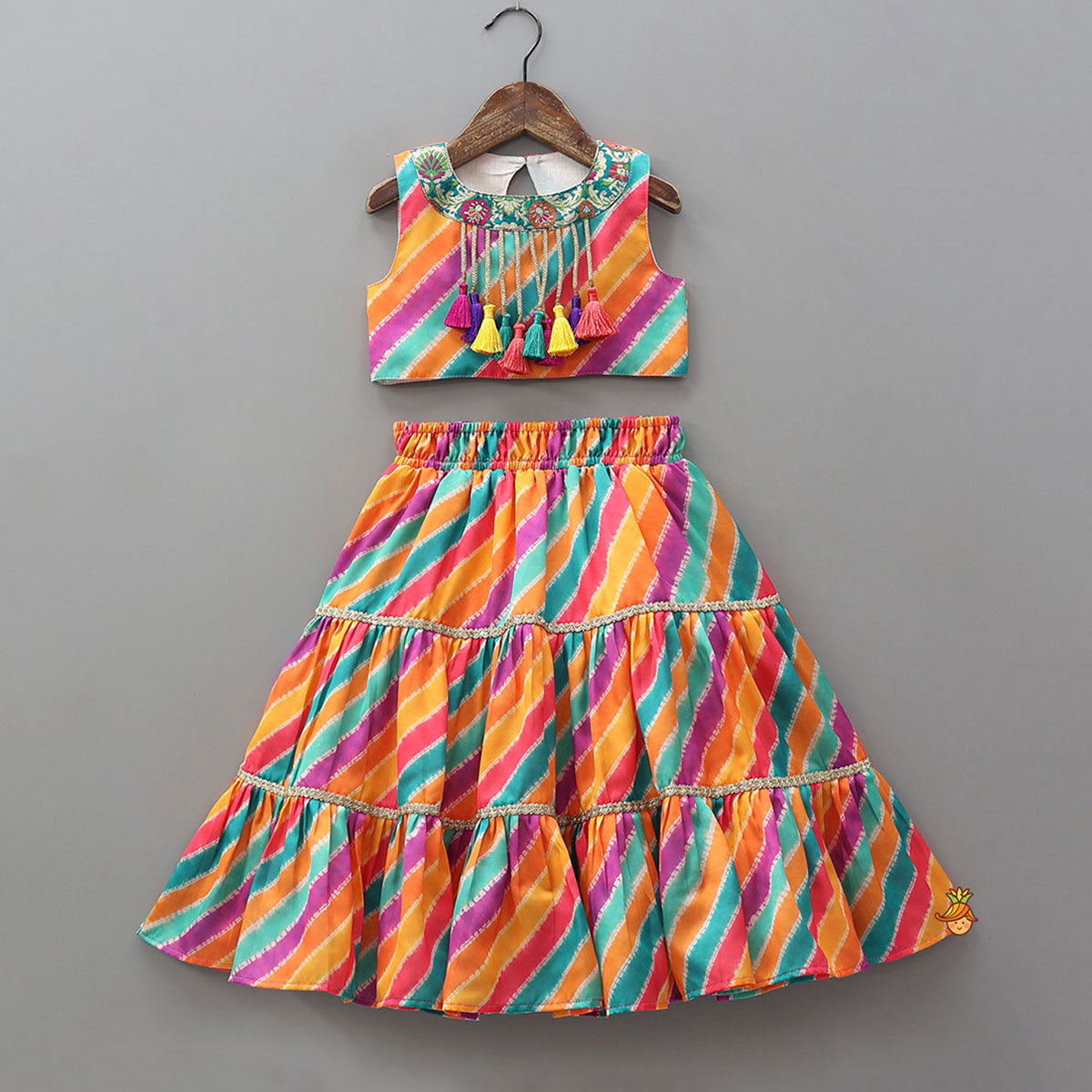 Pre Order: Printed Crop Top With Tiered Lehenga And Dupatta