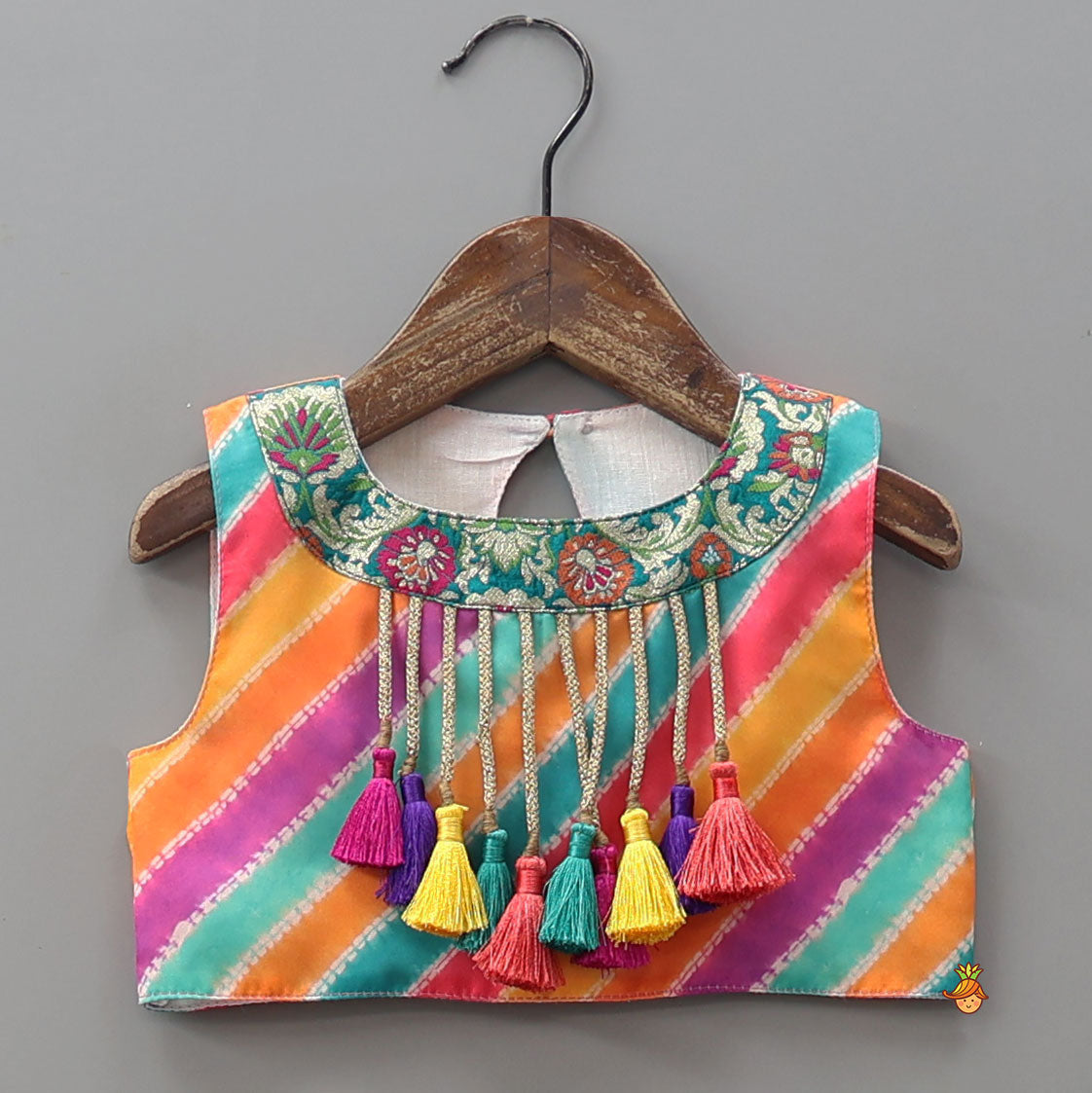 Pre Order: Printed Crop Top With Tiered Lehenga And Dupatta