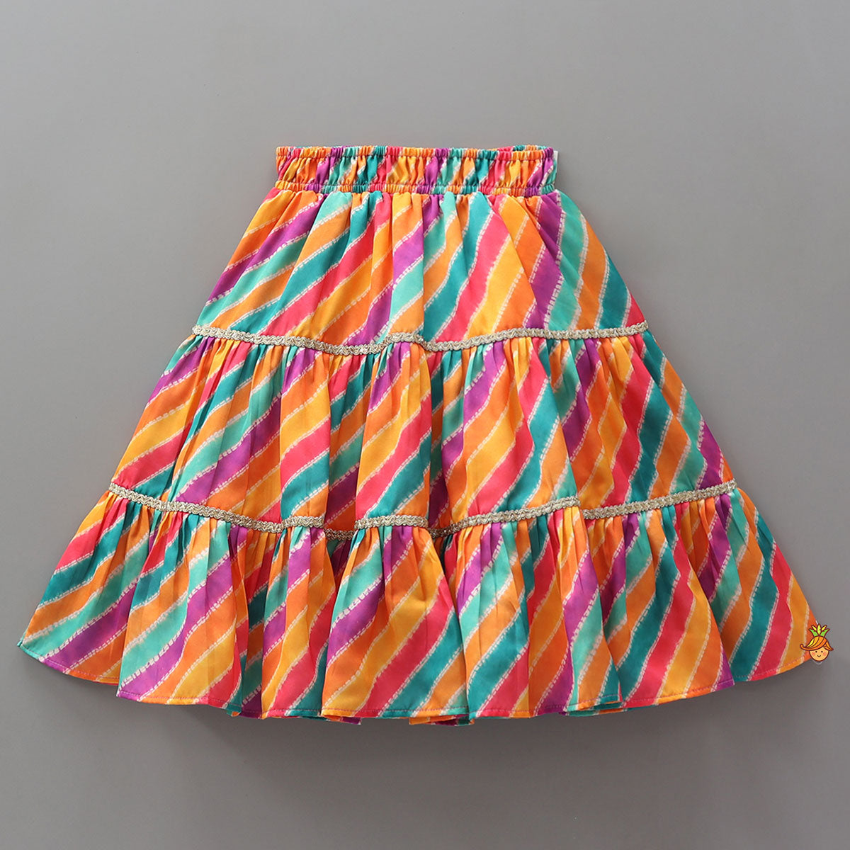 Pre Order: Printed Crop Top With Tiered Lehenga And Dupatta