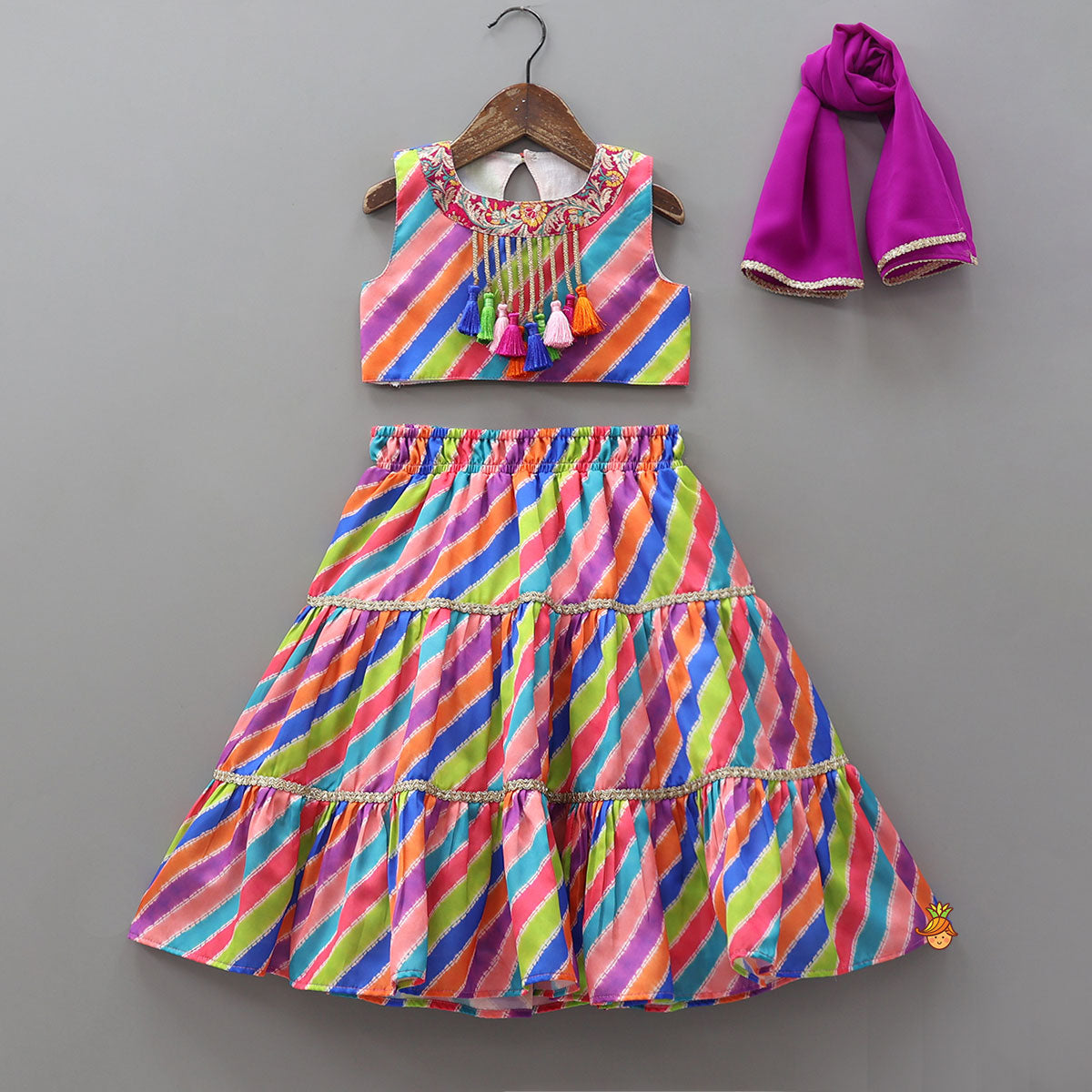 Pre Order: Striped Crop Top With Layered Lehenga And Dupatta
