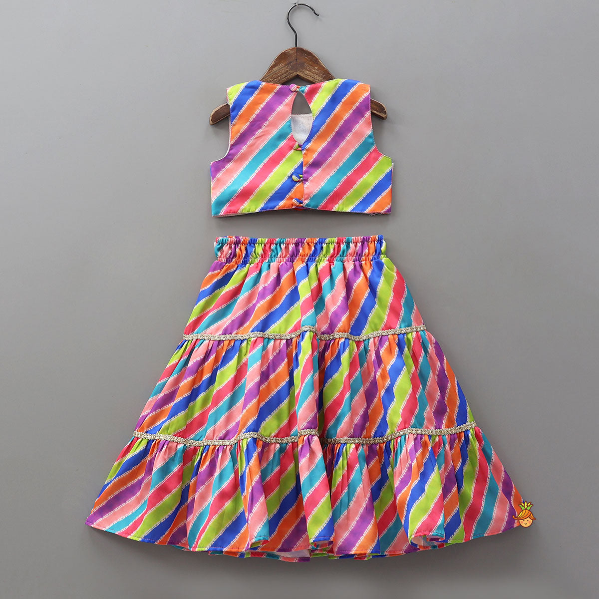 Pre Order: Striped Crop Top With Layered Lehenga And Dupatta