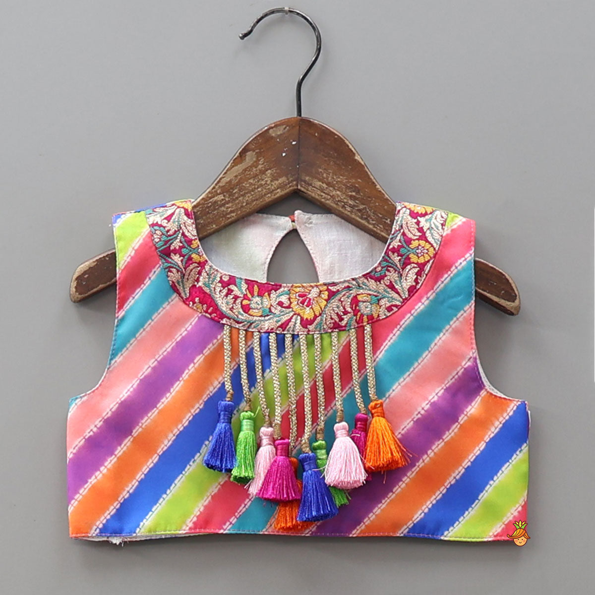 Pre Order: Striped Crop Top With Layered Lehenga And Dupatta