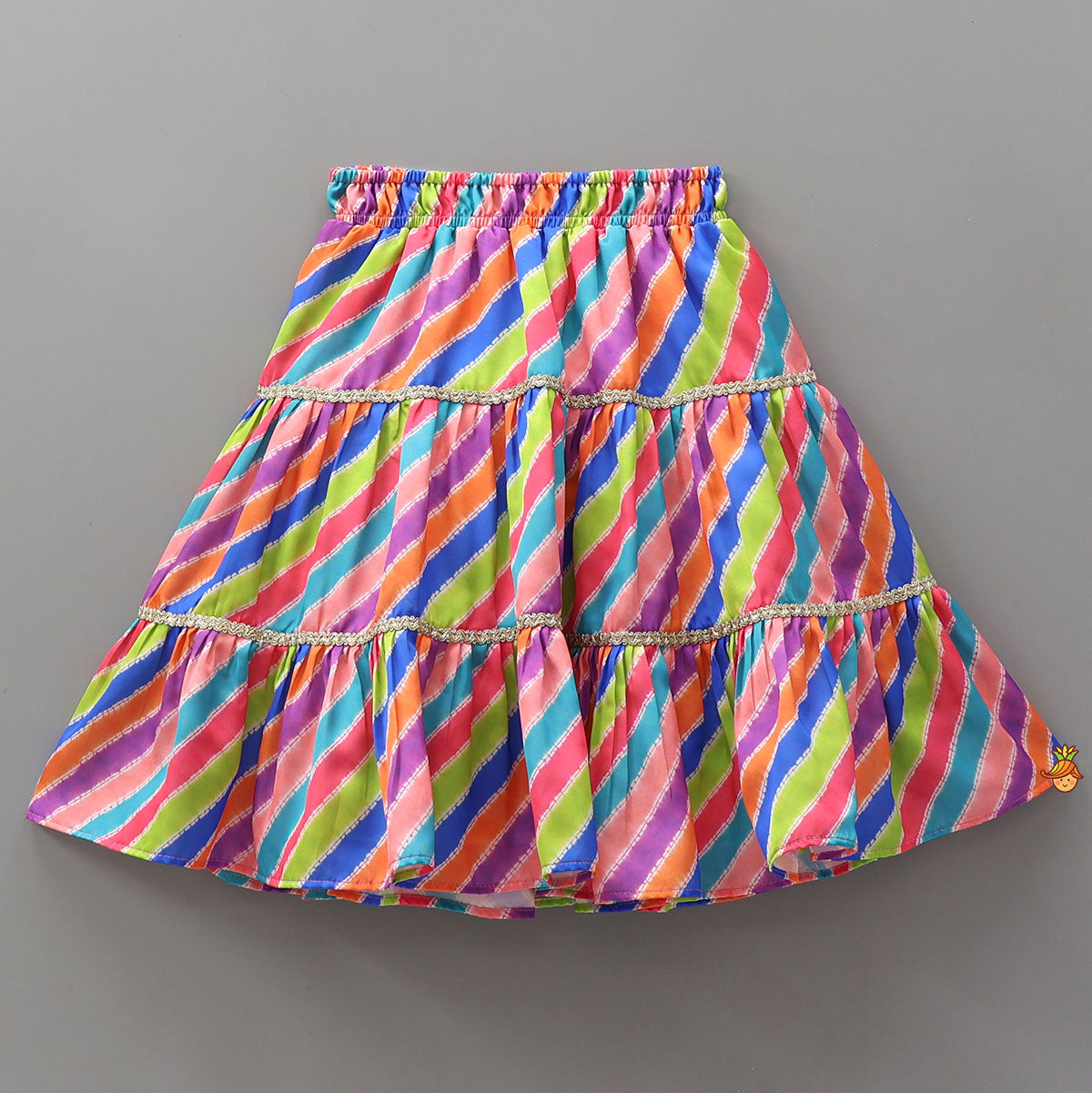 Pre Order: Striped Crop Top With Layered Lehenga And Dupatta