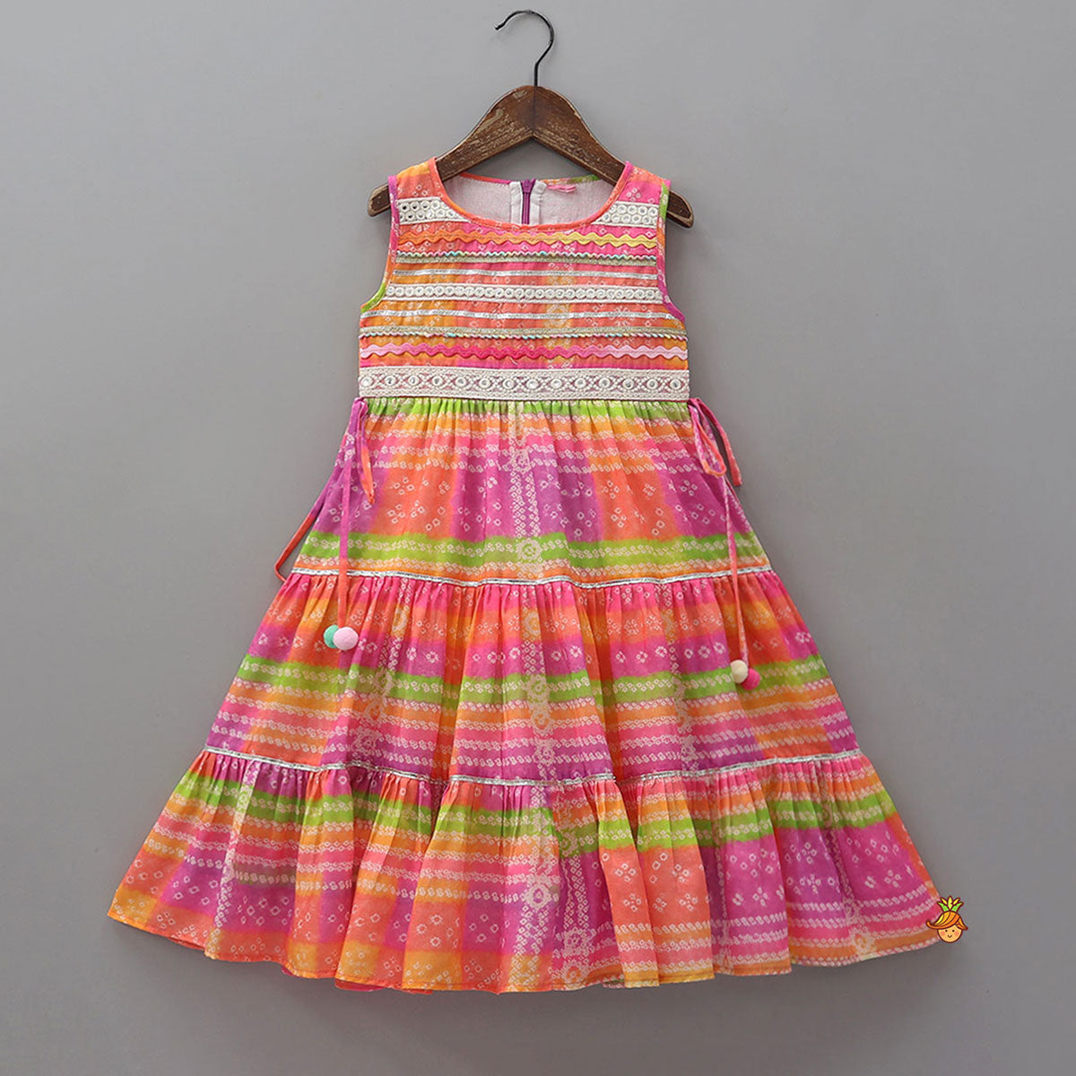 Pre Order: Bandhani Printed Tiered Kurti With Lace Detailing