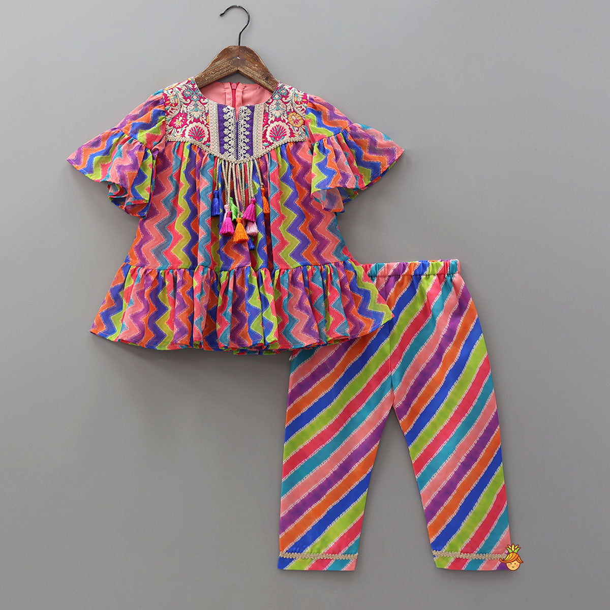 Pre Order: Zigzag Printed Ruffle Kurti With Striped Pants