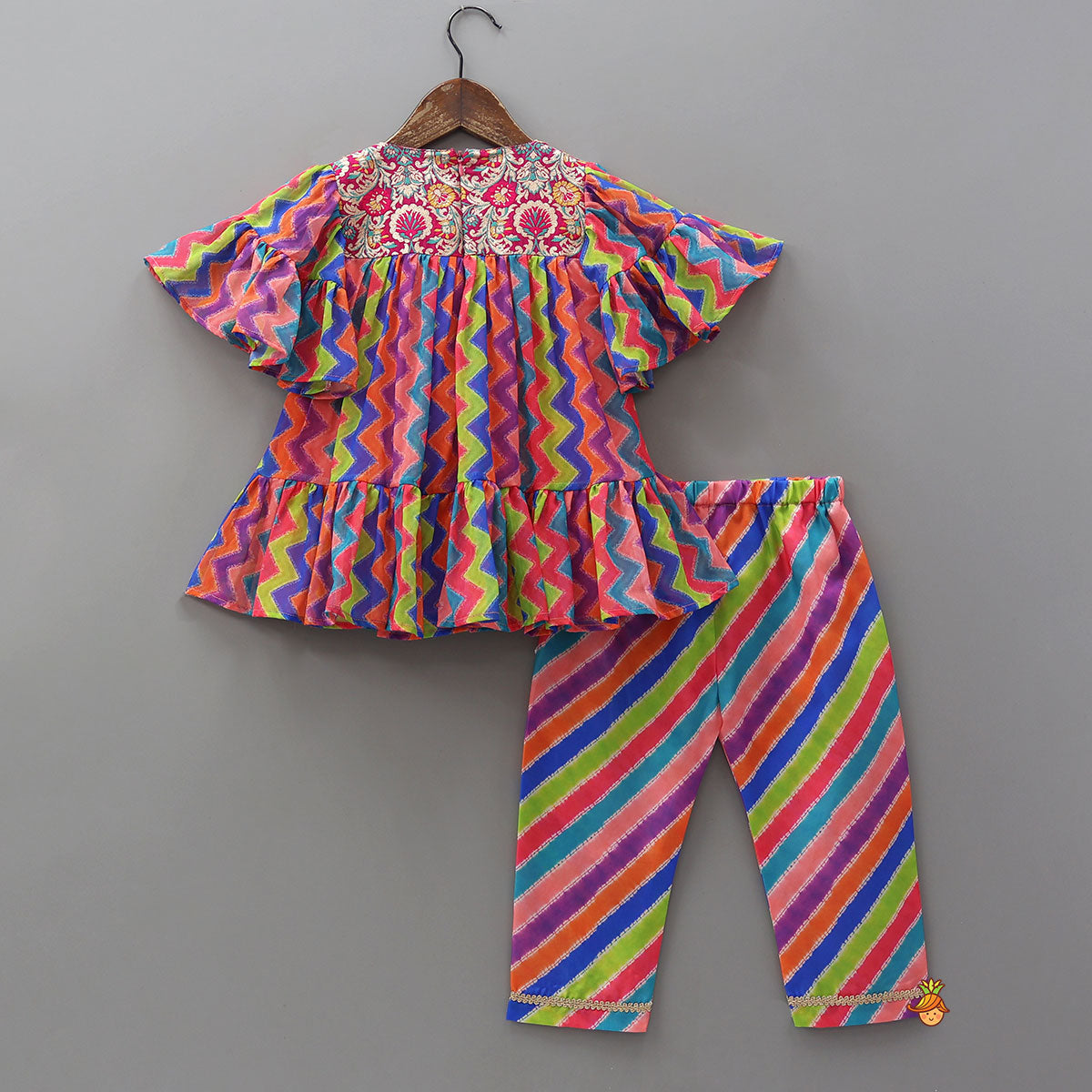 Pre Order: Zigzag Printed Ruffle Kurti With Striped Pants