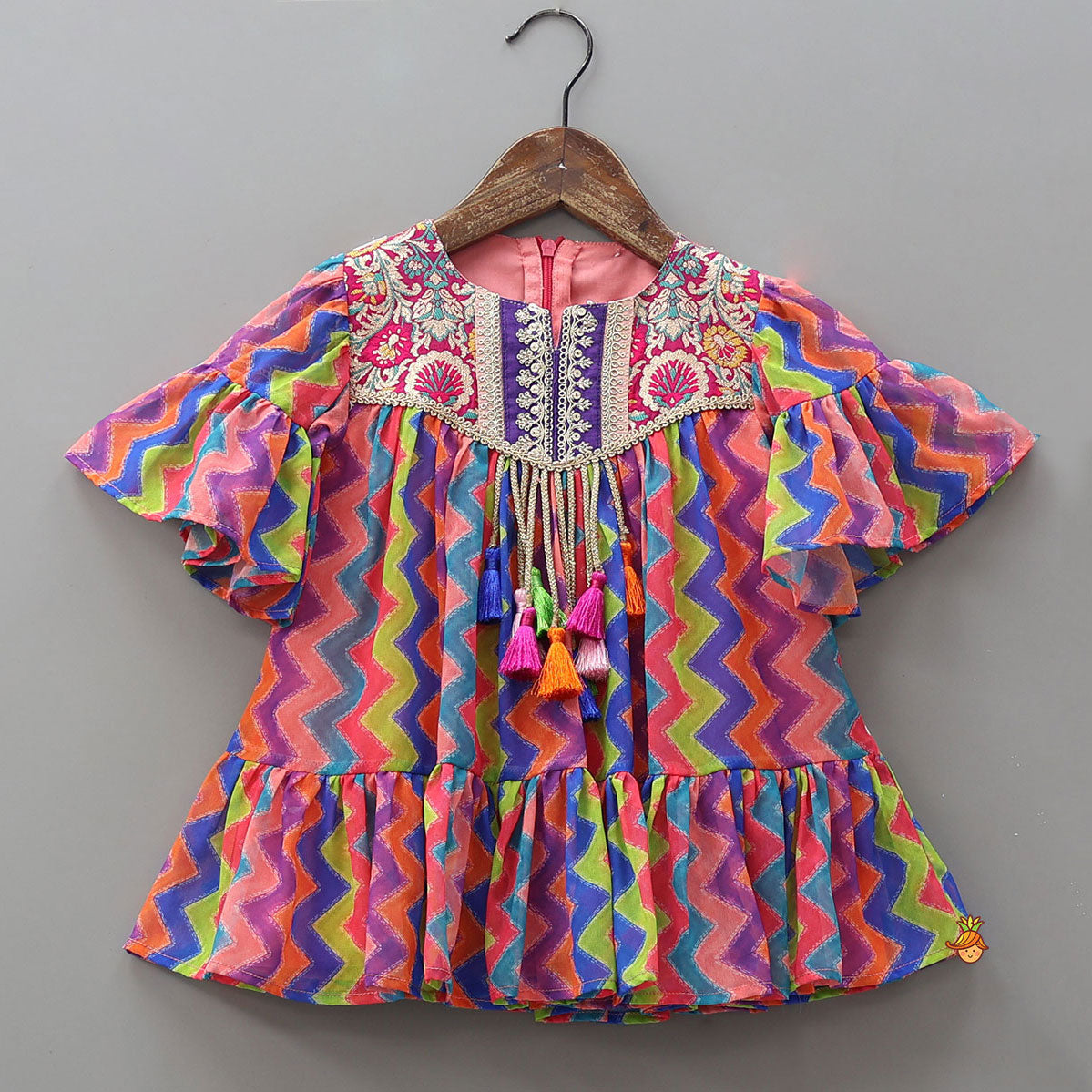 Pre Order: Zigzag Printed Ruffle Kurti With Striped Pants