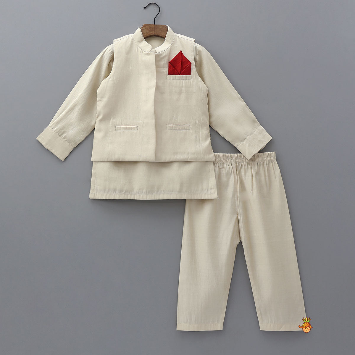 Pre Order: Ethnic Kurta With Contrasting Pocket Square Jacket And Pyjama