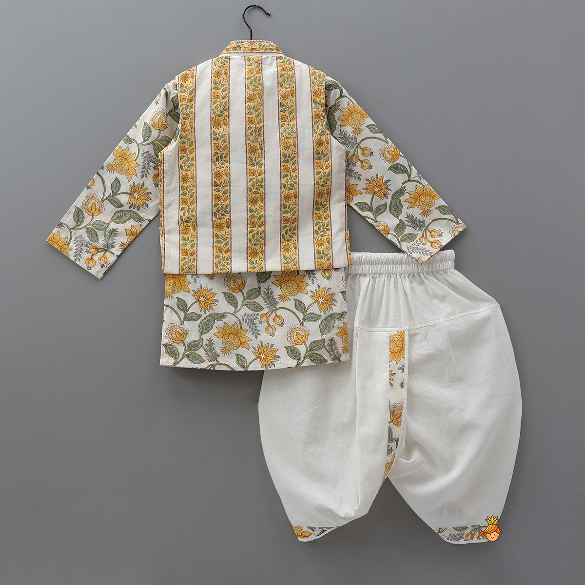 Pre Order: Hand Block Printed Kurta With Lace Detailed Jacket And Dhoti