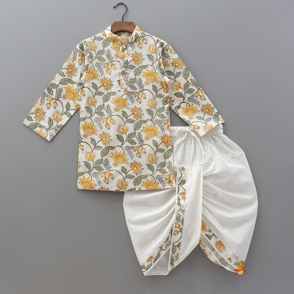 Pre Order: Hand Block Printed Kurta With Lace Detailed Jacket And Dhoti