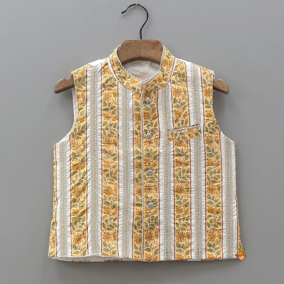Pre Order: Hand Block Printed Kurta With Lace Detailed Jacket And Dhoti