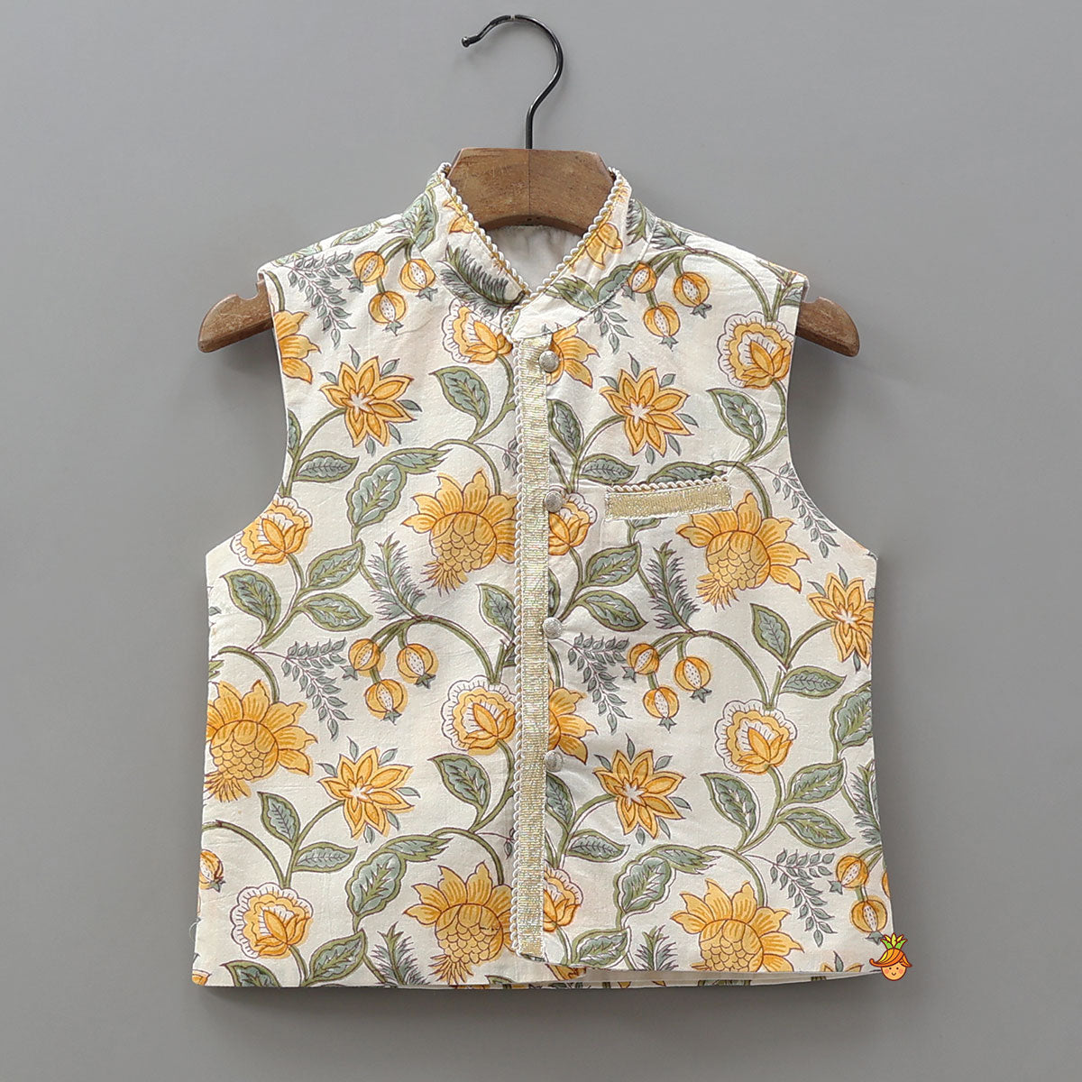 Pre Order: Floral Hand Block Printed Kurta With Jacket And Dhoti