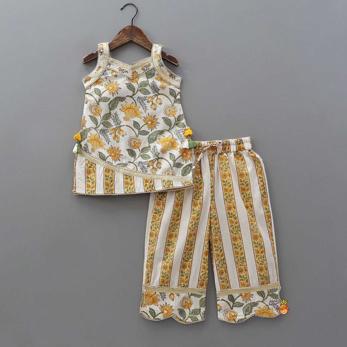 Pre Order: Floral Hand Block Printed Kurti With Pants And Dupatta