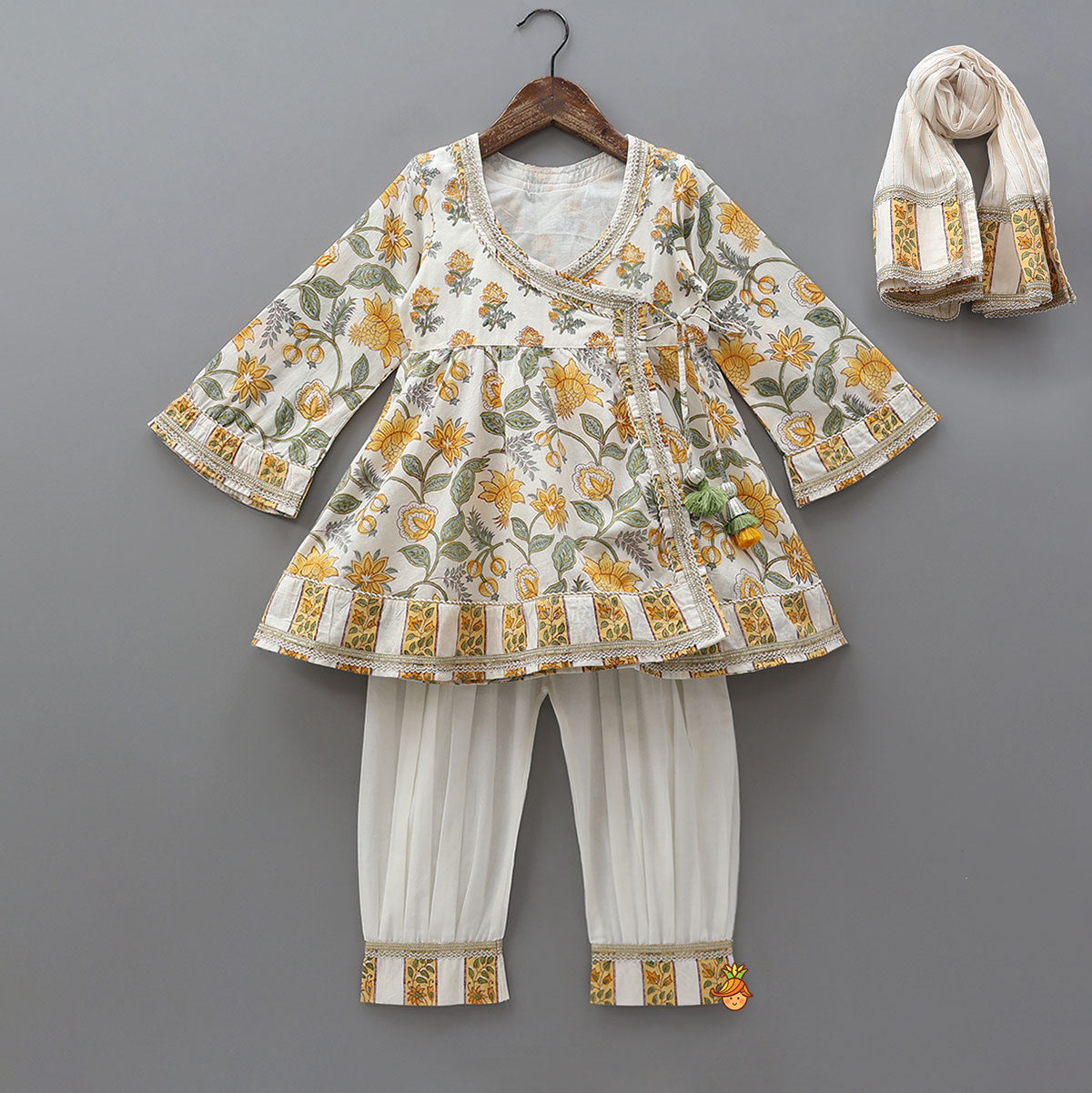 Pre Order: Hand Block Printed Lace Detailed Angrakha Kurti With Salwar And Dupatta