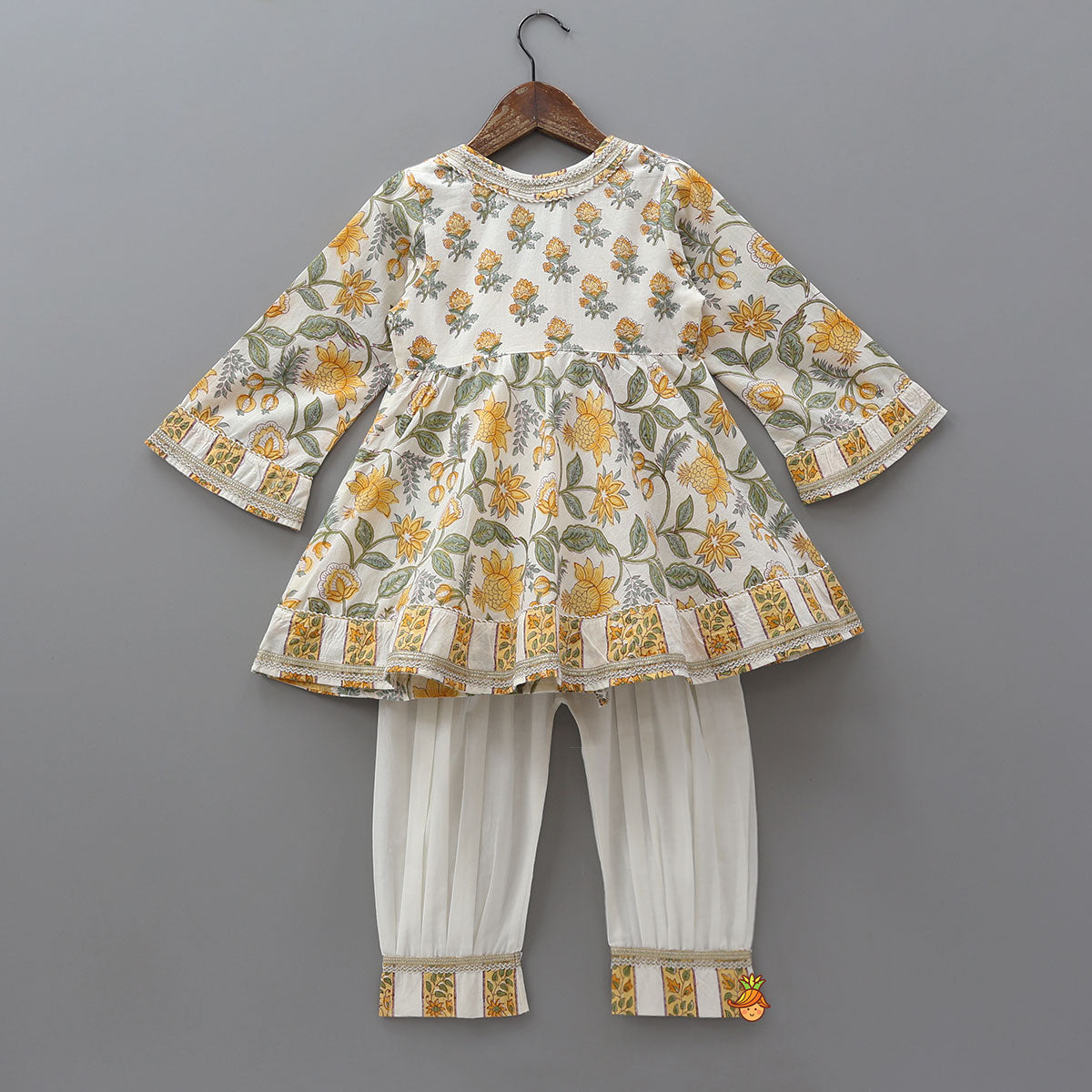 Pre Order: Hand Block Printed Lace Detailed Angrakha Kurti With Salwar And Dupatta