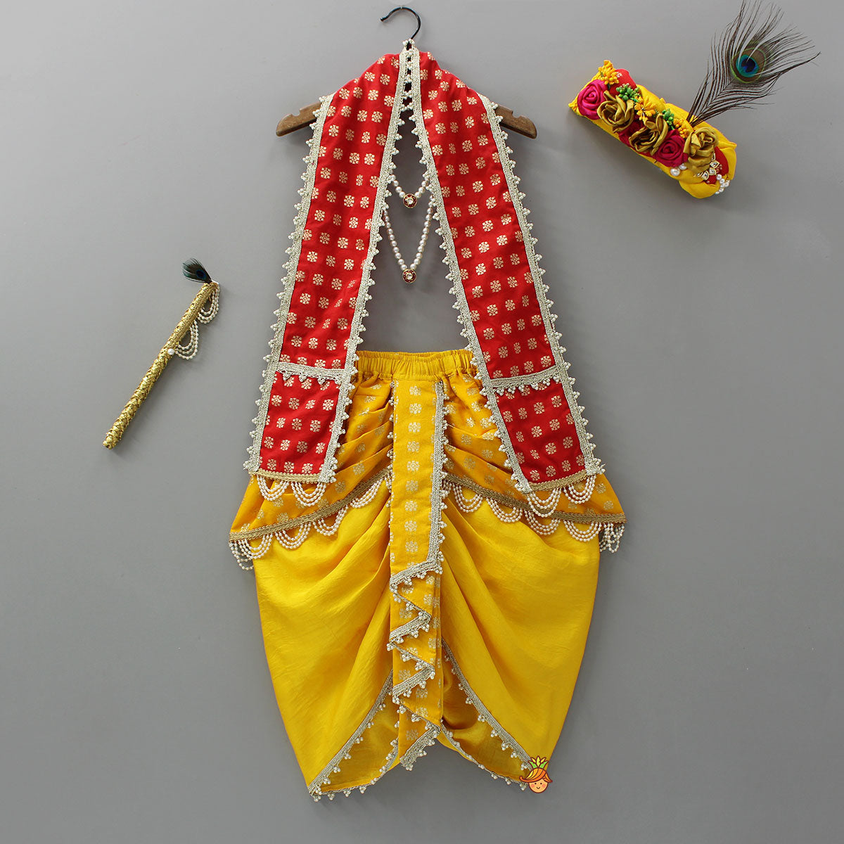 Pre Order: Traditional Brocade Dhoti Set With Matching Stole, Head Band, Basuri And Mala
