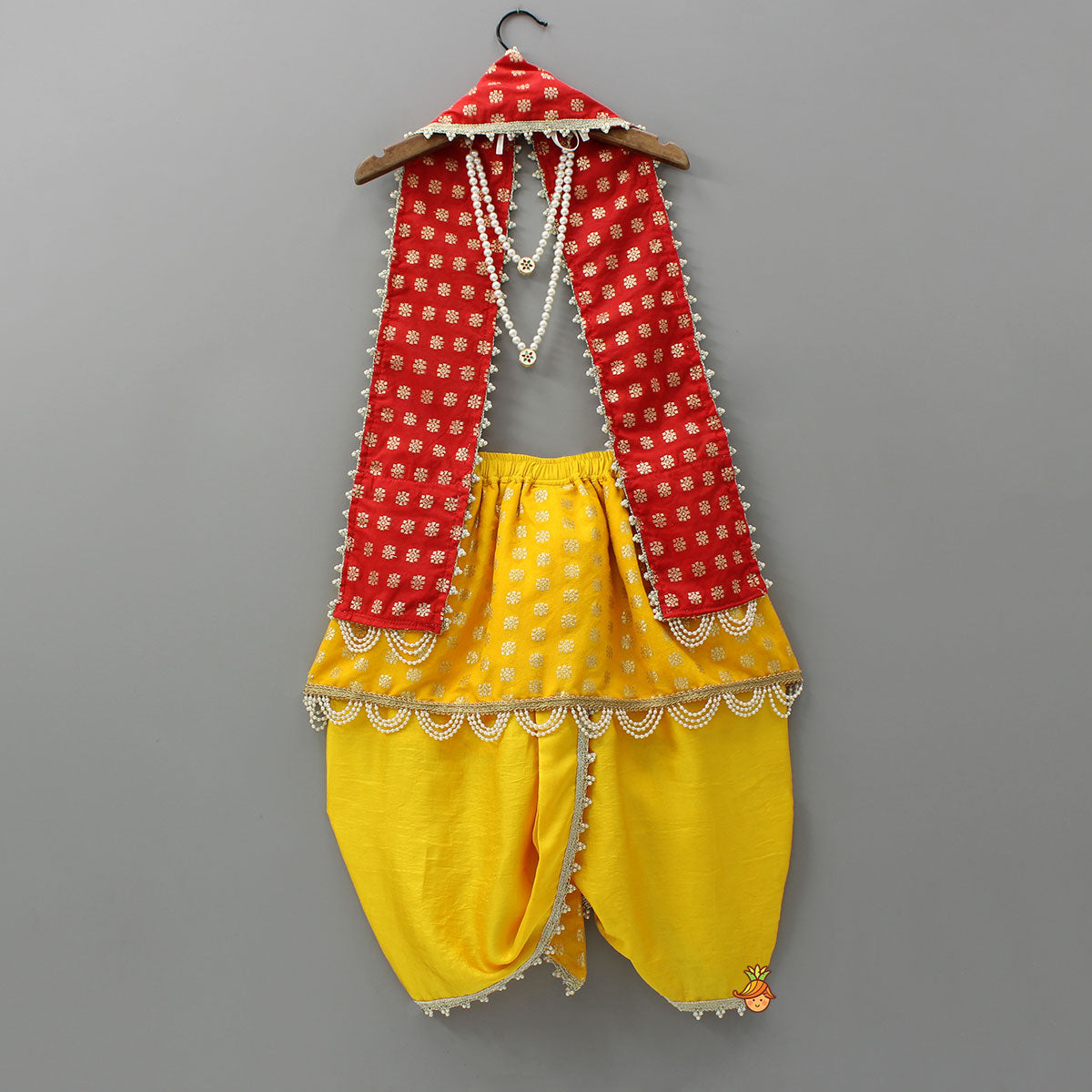 Pre Order: Traditional Brocade Dhoti Set With Matching Stole, Head Band, Basuri And Mala